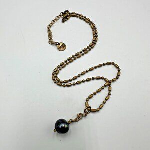 Twisted Silver Brand Necklace Brass Tone Peacock Pearl Minimalist Dainty 21"